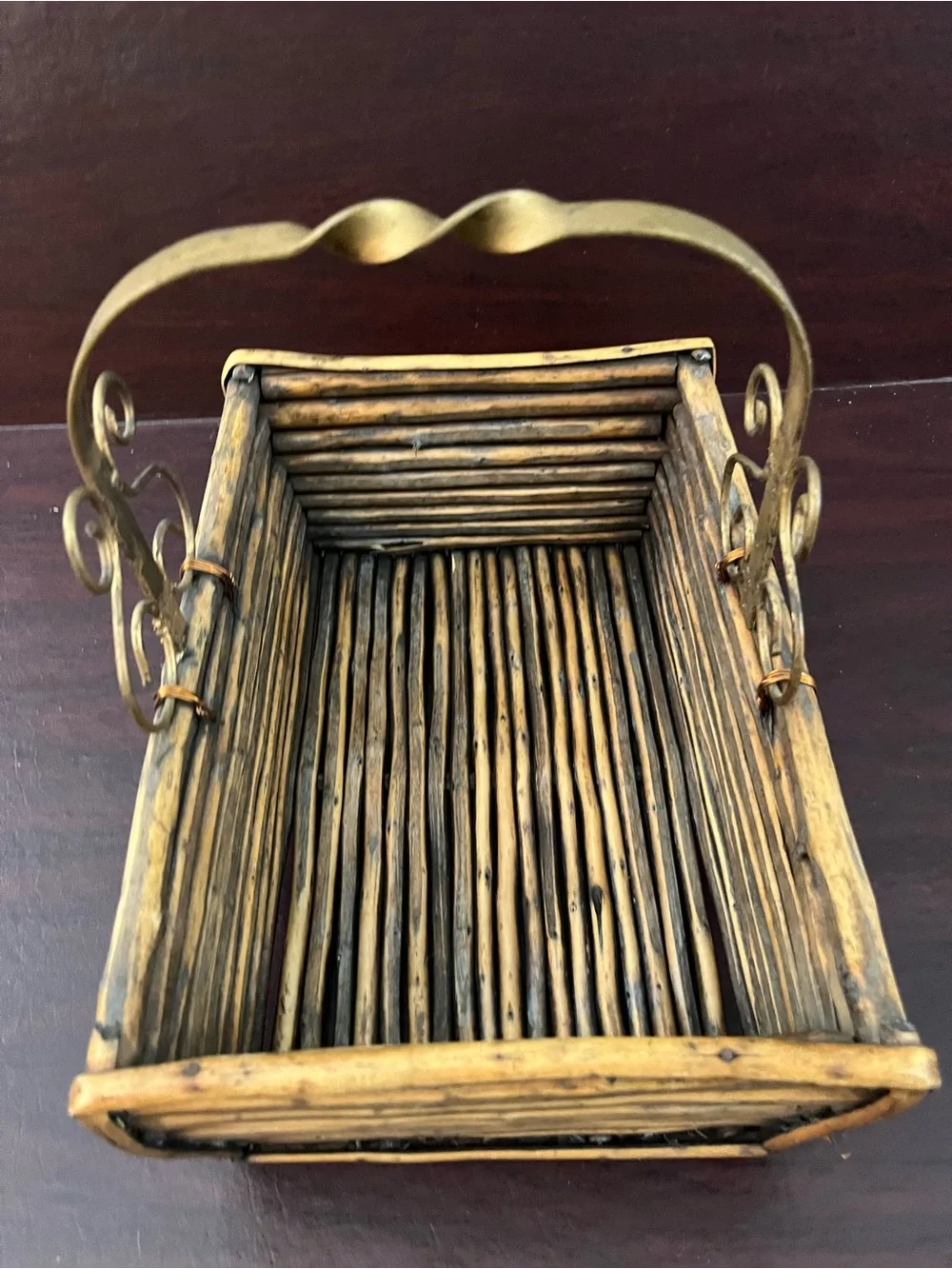 Woven Natural Brown Decorative Basket with Metal Handle